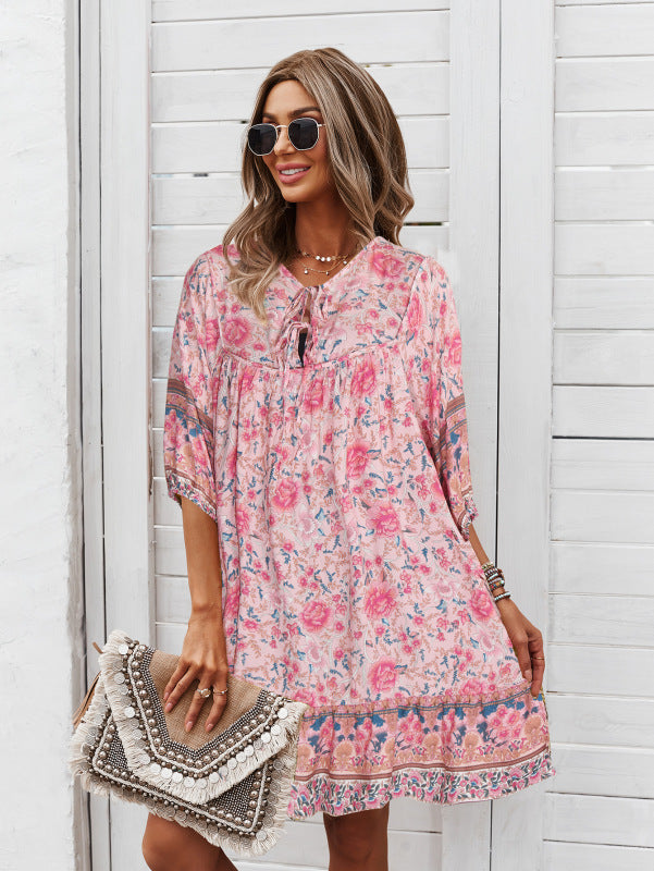 Mini Dresses- Women's Floral Neck Tie Loose Mini Dress Perfect for Any Occasion!- Pink- IndioGear Fashion and Gear