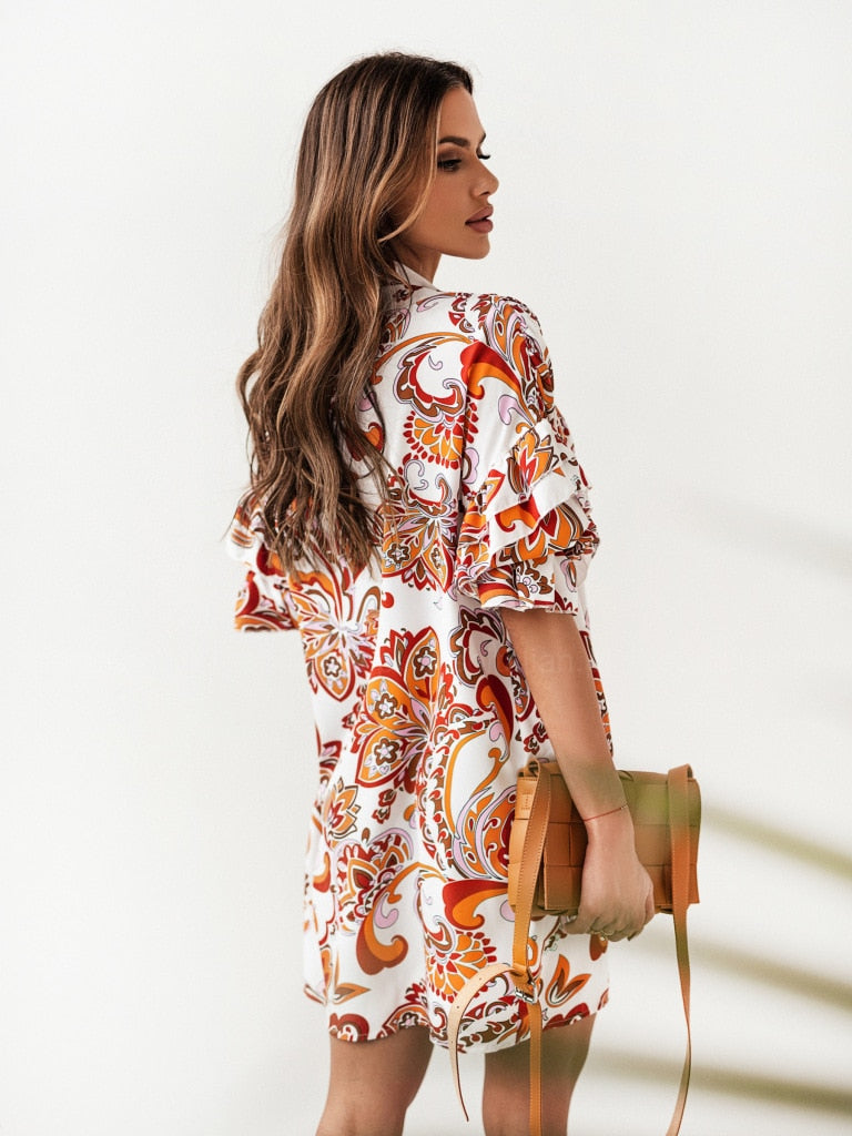 Mini Dresses- Women's Floral Print Pleated Shirt Mini Dress with Half Ruffle Sleeves- - IndioGear Fashion and Gear