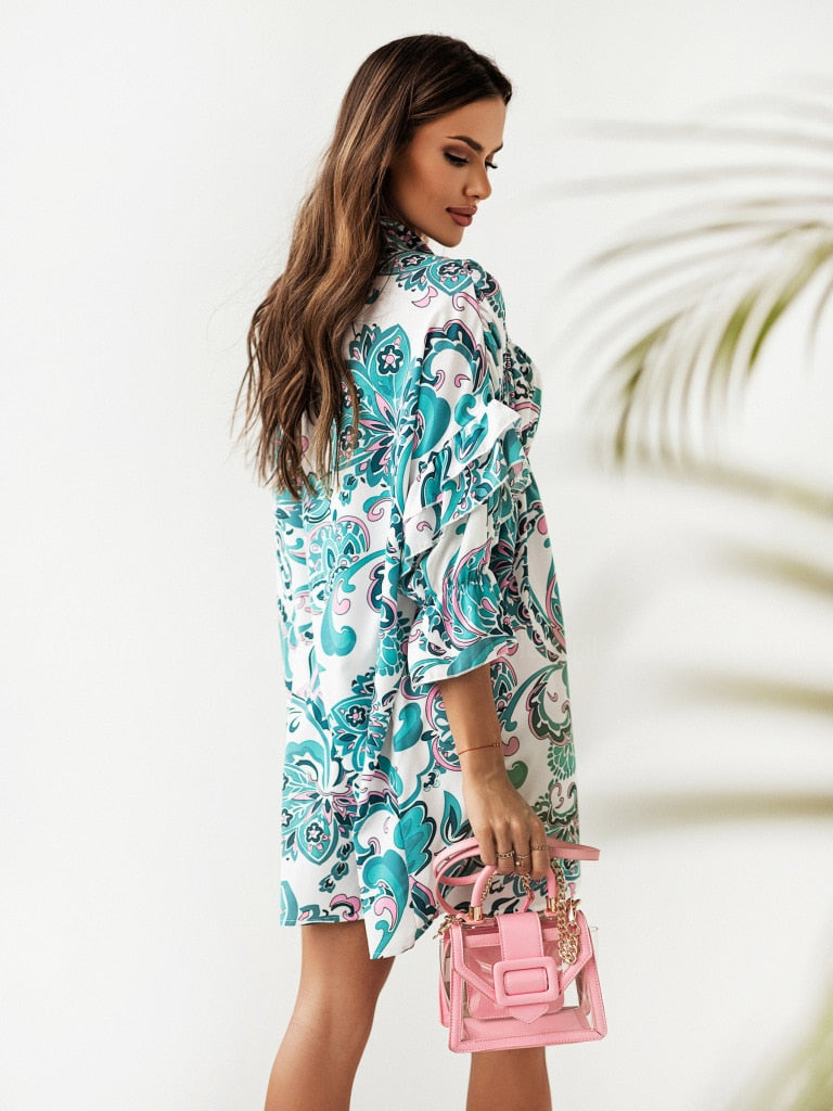 Mini Dresses- Women's Floral Print Pleated Shirt Mini Dress with Half Ruffle Sleeves- - IndioGear Fashion and Gear