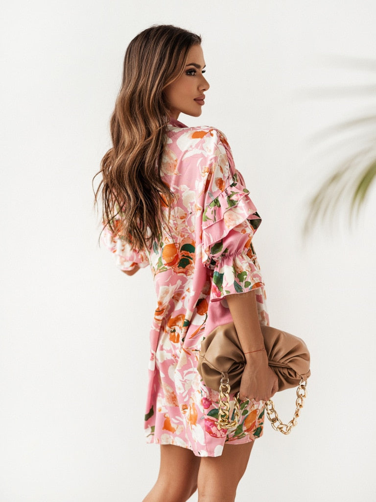 Mini Dresses- Women's Floral Print Pleated Shirt Mini Dress with Half Ruffle Sleeves- - IndioGear Fashion and Gear