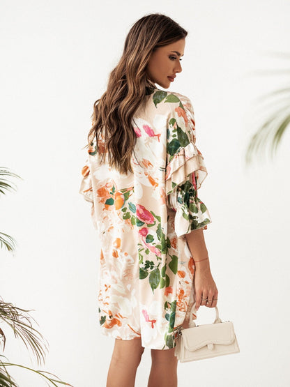 Mini Dresses- Women's Floral Print Pleated Shirt Mini Dress with Half Ruffle Sleeves- - IndioGear Fashion and Gear