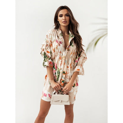 Mini Dresses- Women's Floral Print Pleated Shirt Mini Dress with Half Ruffle Sleeves- Cracker khaki- IndioGear Fashion and Gear