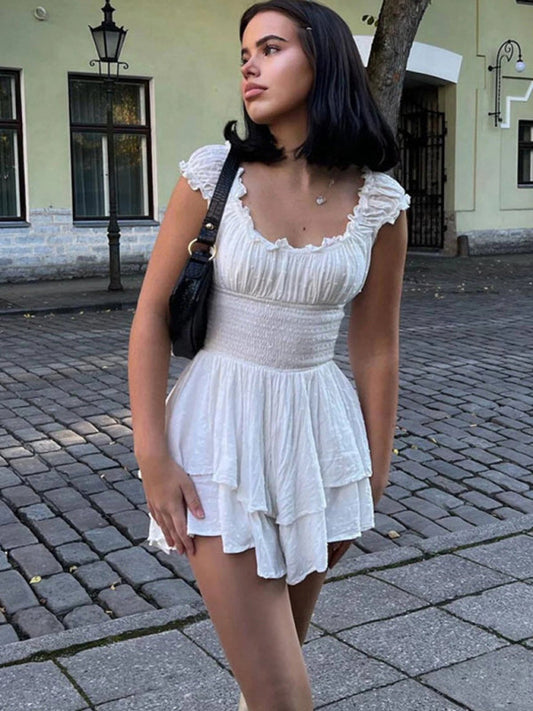 Mini Dresses- Women's Romantic Ruffle Layered Off Shoulders Mini Dress- White- IndioGear Fashion and Gear