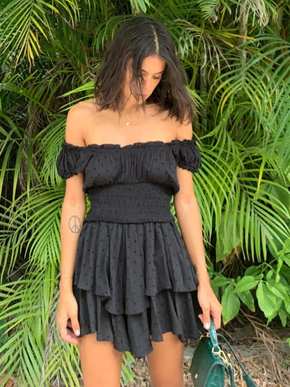 Mini Dresses- Women's Romantic Ruffle Layered Off Shoulders Mini Dress- - IndioGear Fashion and Gear