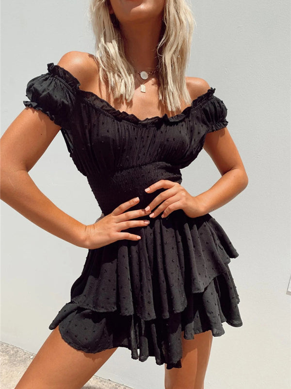 Mini Dresses- Women's Romantic Ruffle Layered Off Shoulders Mini Dress- Black- IndioGear Fashion and Gear