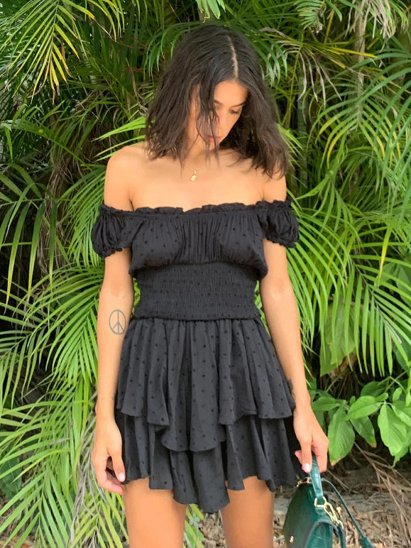 Mini Dresses- Women's Romantic Ruffle Layered Off Shoulders Mini Dress- - IndioGear Fashion and Gear