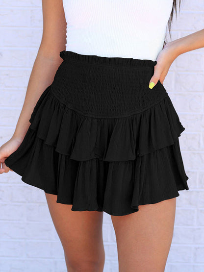 Mini Skirt- Solid Double Layered Shorts Ruffled Mini Skirt 2-in-1- Black- IndioGear Fashion and Gear