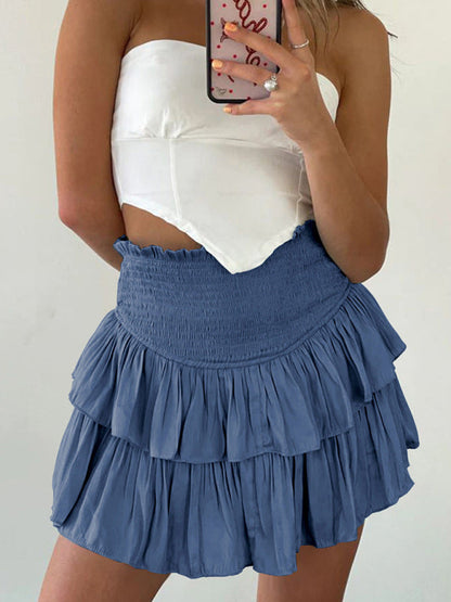 Mini Skirt- Solid Double Layered Shorts Ruffled Mini Skirt 2-in-1- Blue grey- IndioGear Fashion and Gear