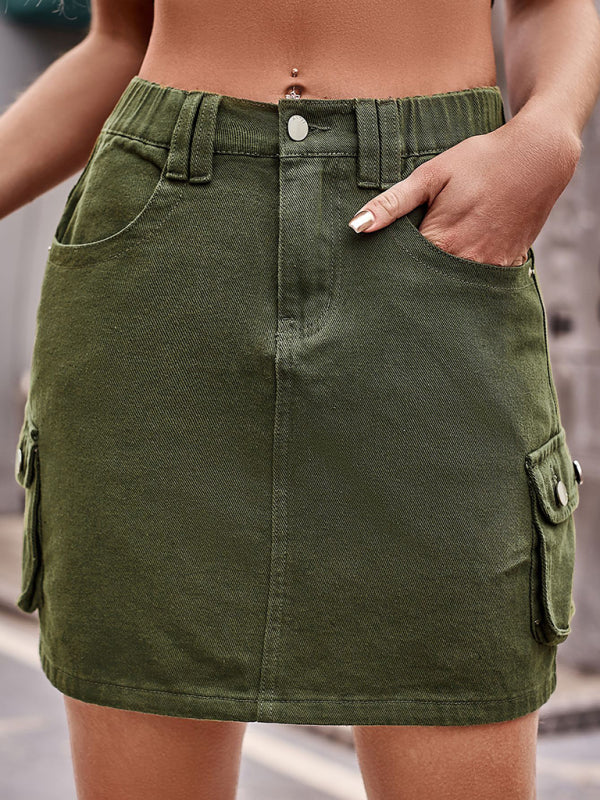 Mini Skirt- Trendy & Practical: Cargo Denim Mini Skirt - Flap Pockets- Olive green- IndioGear Fashion and Gear