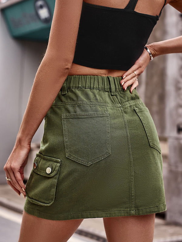 Mini Skirt- Trendy & Practical: Cargo Denim Mini Skirt - Flap Pockets- - IndioGear Fashion and Gear