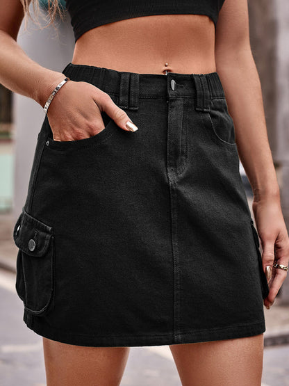 Mini Skirt- Trendy & Practical: Cargo Denim Mini Skirt - Flap Pockets- Black- IndioGear Fashion and Gear