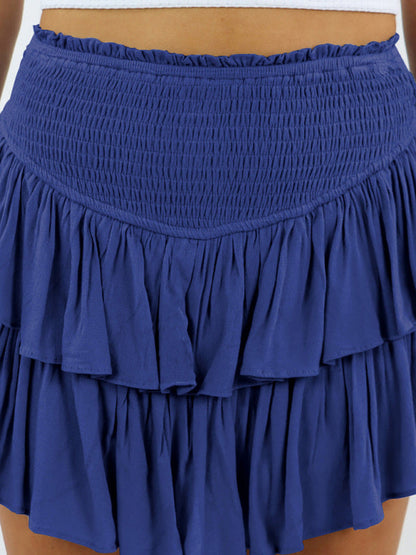 Mini Skirts- Solid Ruffled Layered Mini Skirt with Smocked Waist- - IndioGear Clothing and Gear