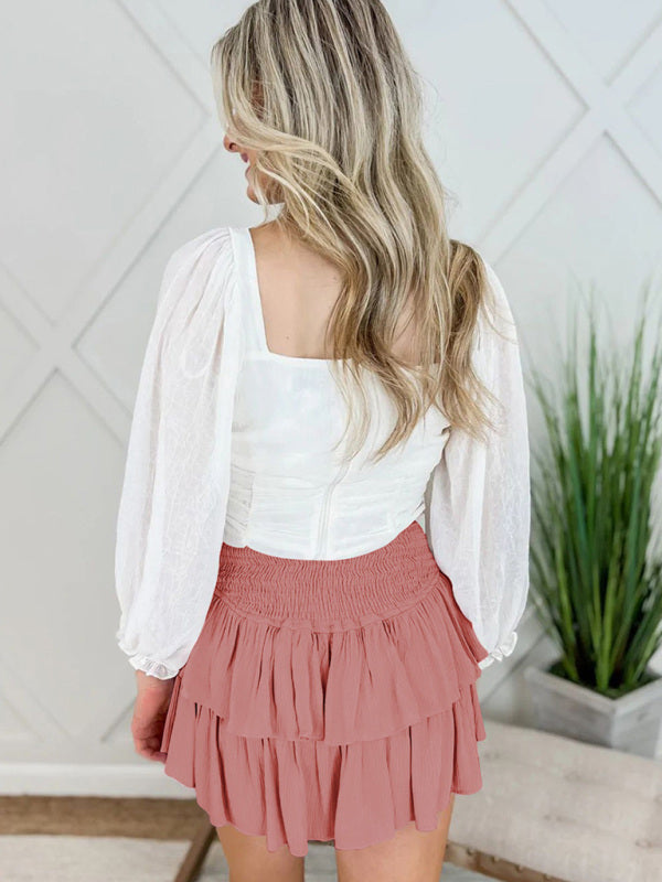 Mini Skirts- Solid Ruffled Layered Mini Skirt with Smocked Waist- - IndioGear Clothing and Gear