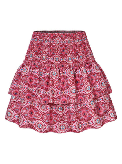 Mini Skirts- Women's Layered Mini Skirt in Floral Print with Smocked Waist- - IndioGear Fashion and Gear