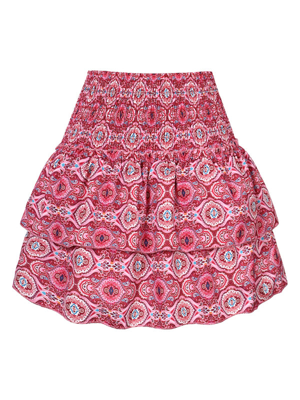 Mini Skirts- Women's Layered Mini Skirt in Floral Print with Smocked Waist- - IndioGear Fashion and Gear