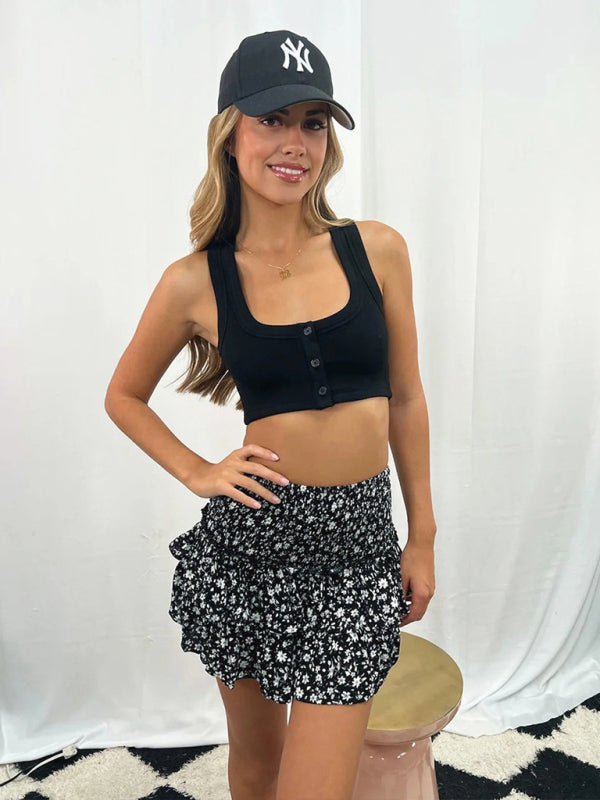 Mini Skirts- Women's Layered Mini Skirt in Floral Print with Smocked Waist- - IndioGear Fashion and Gear