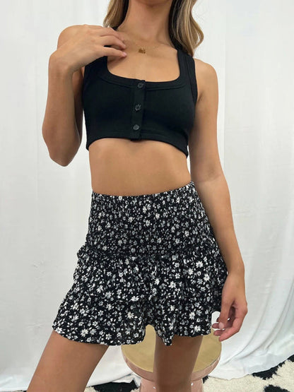 Mini Skirts- Women's Layered Mini Skirt in Floral Print with Smocked Waist- Dark Gray- IndioGear Fashion and Gear