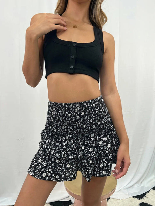 Mini Skirts- Women's Layered Mini Skirt in Floral Print with Smocked Waist- Dark Gray- IndioGear Fashion and Gear