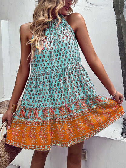 Mini dress- Floral Boho Print Sleeveless Pocket Halter Neck Dress- - IndioGear Fashion and Gear