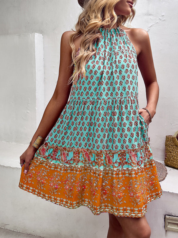 Mini dress- Floral Boho Print Sleeveless Pocket Halter Neck Dress- - IndioGear Fashion and Gear