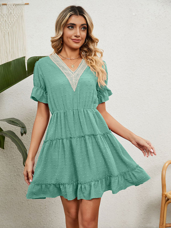 Mini dress- Swiss dot jacquard Casual Tiered Mini Dress- Green- IndioGear Fashion and Gear