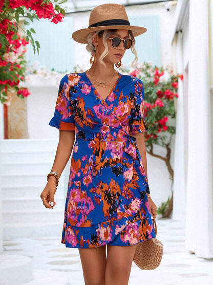 Mini dress- Women's Woven V Neck Ruffle Wrap Short Sleeve Mini Dress- - IndioGear Fashion and Gear