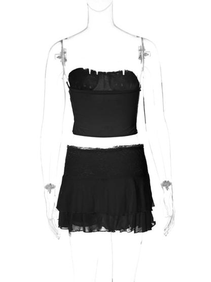 Night Out Outfit- Women's Lace 2-Piece See-Through Tube Bustier Corset and Layered Skirt- - IndioGear Fashion and Gear