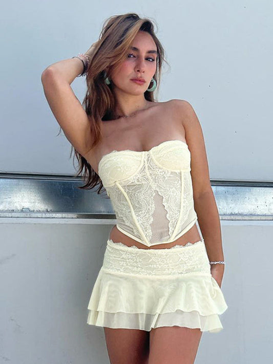 Night Out Outfit- Women's Lace 2-Piece See-Through Tube Bustier Corset and Layered Skirt- Light yellow- IndioGear Fashion and Gear