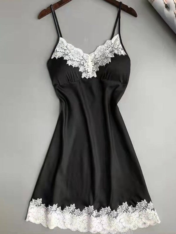 Nightdresses- Satin Silk Chemise - Lace-Accented Sleepwear Nightdress- Black- IndioGear Fashion and Gear