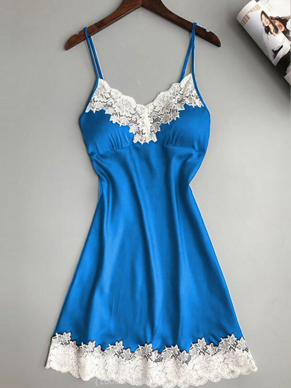 Nightdresses- Satin Silk Chemise - Lace-Accented Sleepwear Nightdress- - IndioGear Fashion and Gear