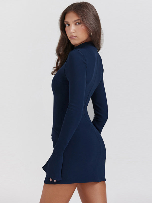 Office Dresses- Office Autumn Bodycon High Neck Long Sleeve Mini Dress- - IndioGear Clothing and Gear