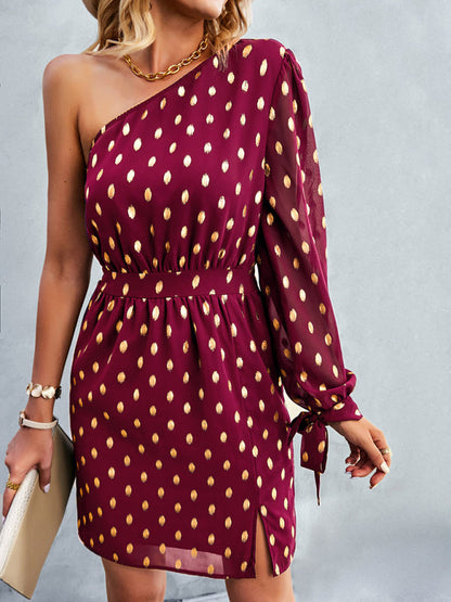 One Shoulder Dresses- Elegant Gold Dot Print Long Sleeve One Shoulder Mini Dress- - IndioGear Fashion and Gear