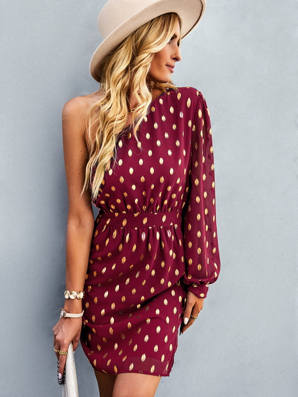 One Shoulder Dresses- Elegant Gold Dot Print Long Sleeve One Shoulder Mini Dress- Wine Red- IndioGear Fashion and Gear