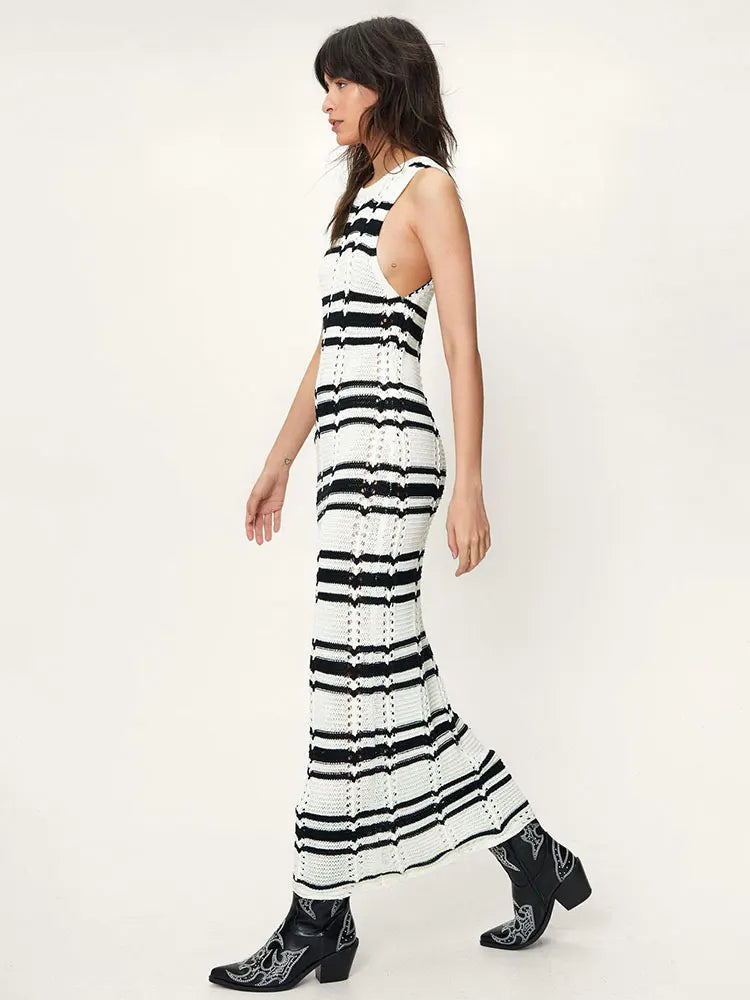 Open Knit Dresses- Beach to Bar Ready: Striped Open Knit Maxi Dress for Vacation- - IndioGear Clothing and Gear