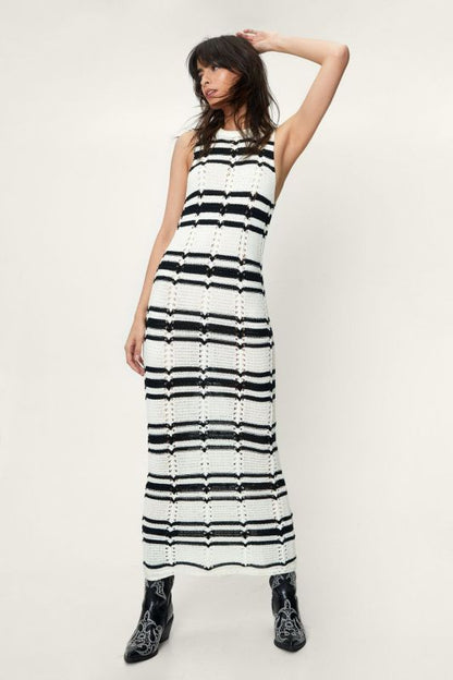 Open Knit Dresses- Beach to Bar Ready: Striped Open Knit Maxi Dress for Vacation- White- IndioGear Clothing and Gear