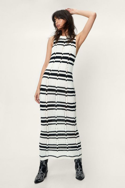 Open Knit Dresses- Beach to Bar Ready: Striped Open Knit Maxi Dress for Vacation- White- IndioGear Clothing and Gear