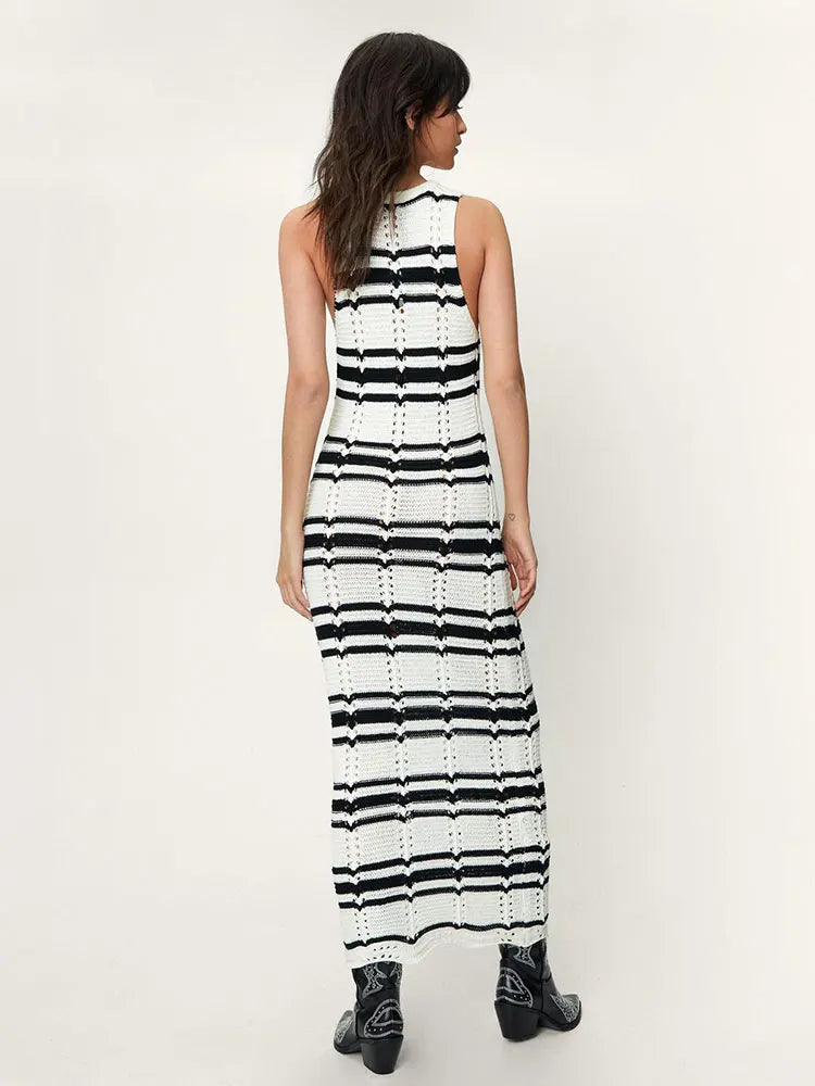 Open Knit Dresses- Beach to Bar Ready: Striped Open Knit Maxi Dress for Vacation- - IndioGear Clothing and Gear