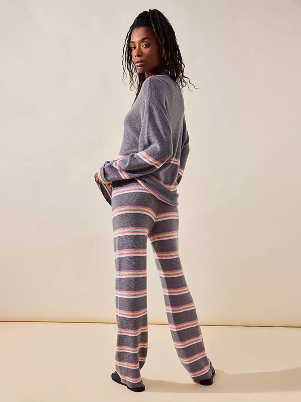 Outfit Set- Casual Look Striped Sweater + Cozy Straight Pants Set- - IndioGear Clothing and Gear