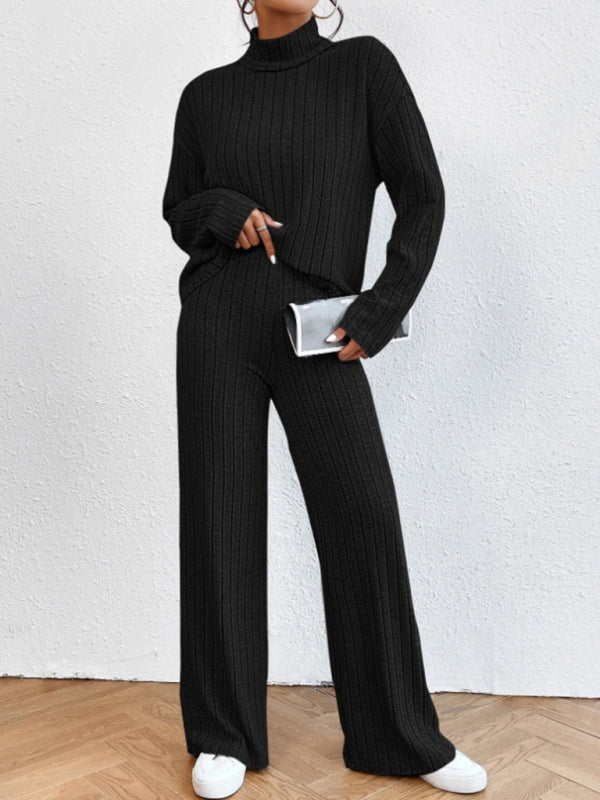 Outfit Set- Casual Loungewear Ribbed Knit Pants & High Neck Sweater for Casual Hangouts- Black- IndioGear Clothing and Gear