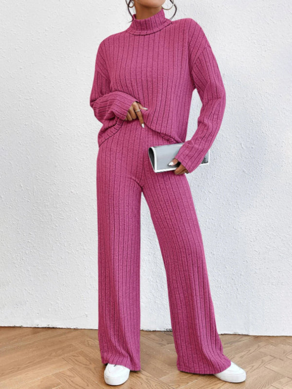 Outfit Set- Casual Loungewear Ribbed Knit Pants & High Neck Sweater for Casual Hangouts- Rose- IndioGear Clothing and Gear