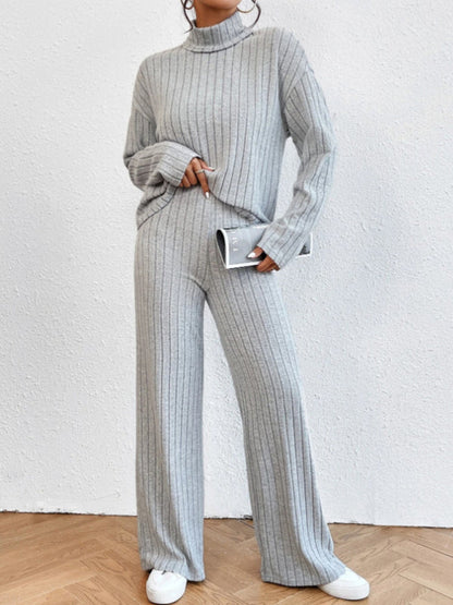 Outfit Set- Casual Loungewear Ribbed Knit Pants & High Neck Sweater for Casual Hangouts- - IndioGear Clothing and Gear