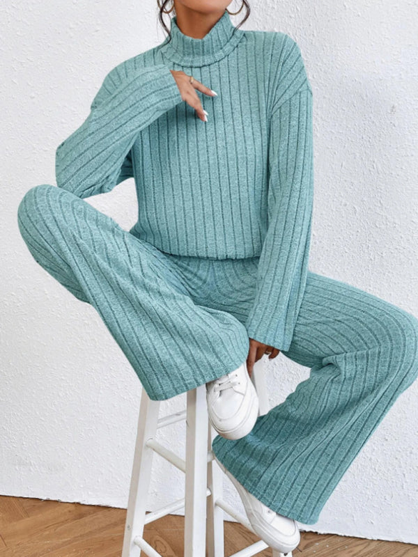 Outfit Set- Casual Loungewear Ribbed Knit Pants & High Neck Sweater for Casual Hangouts- - IndioGear Clothing and Gear