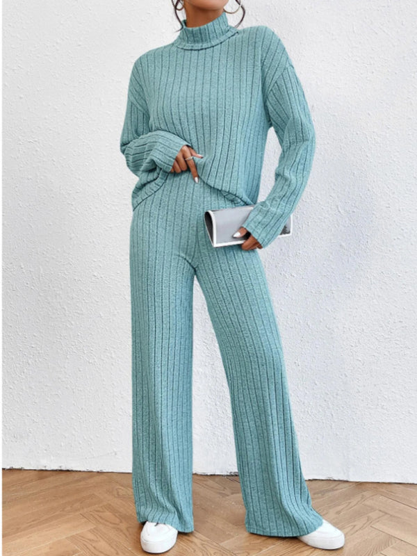 Outfit Set- Casual Loungewear Ribbed Knit Pants & High Neck Sweater for Casual Hangouts- - IndioGear Clothing and Gear