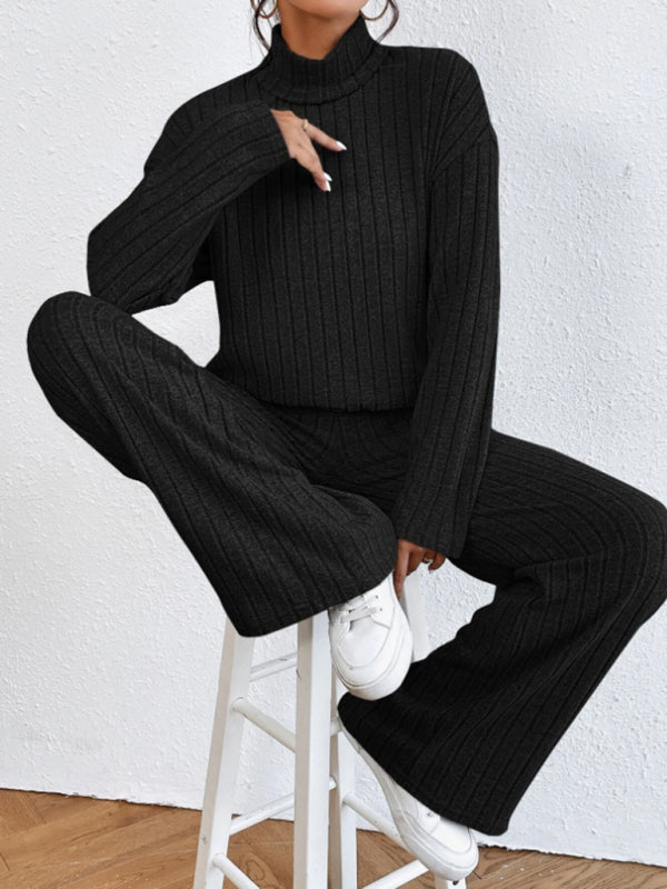 Outfit Set- Casual Loungewear Ribbed Knit Pants & High Neck Sweater for Casual Hangouts- - IndioGear Clothing and Gear