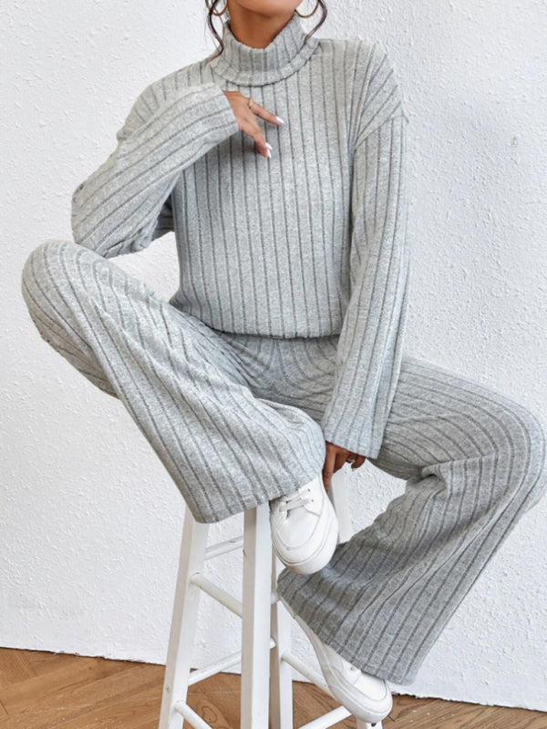 Outfit Set- Casual Loungewear Ribbed Knit Pants & High Neck Sweater for Casual Hangouts- - IndioGear Clothing and Gear