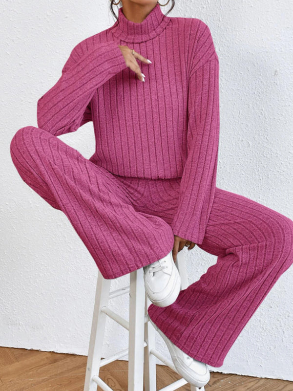 Outfit Set- Casual Loungewear Ribbed Knit Pants & High Neck Sweater for Casual Hangouts- - IndioGear Clothing and Gear