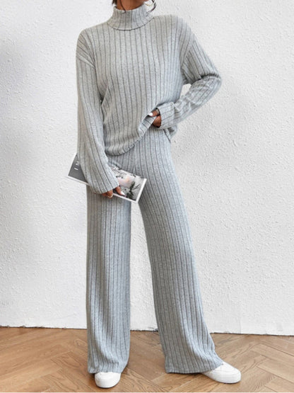 Outfit Set- Casual Loungewear Ribbed Knit Pants & High Neck Sweater for Casual Hangouts- Grey- IndioGear Clothing and Gear