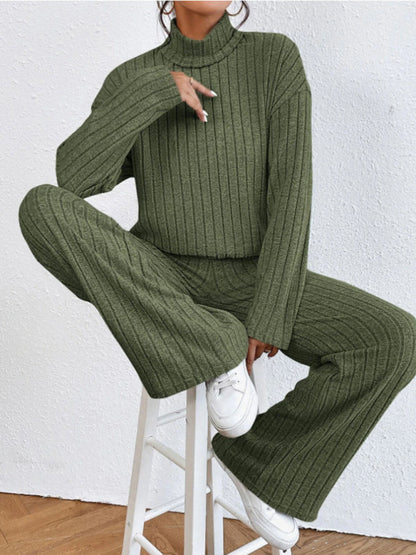 Outfit Set- Casual Loungewear Ribbed Knit Pants & High Neck Sweater for Casual Hangouts- - IndioGear Clothing and Gear