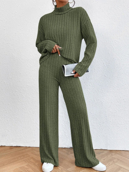 Outfit Set- Casual Loungewear Ribbed Knit Pants & High Neck Sweater for Casual Hangouts- Green- IndioGear Clothing and Gear