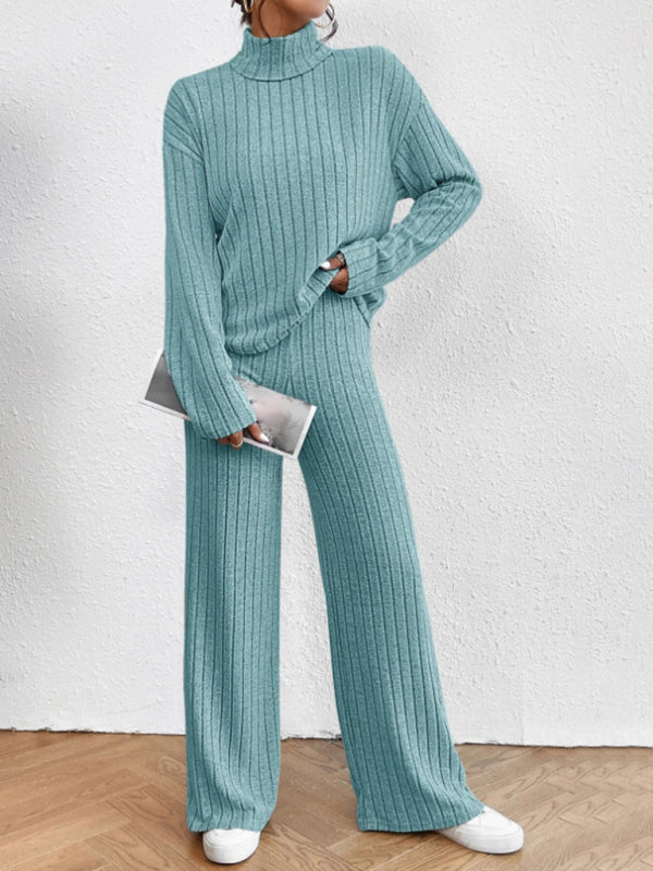 Outfit Set- Casual Loungewear Ribbed Knit Pants & High Neck Sweater for Casual Hangouts- Blue- IndioGear Clothing and Gear